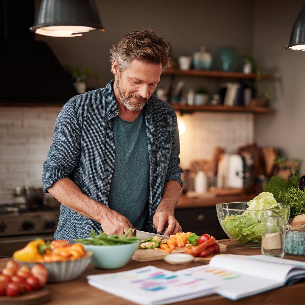 Middle-aged man preparing fresh nutritious meal in modern kitchen with organized meal planning materials