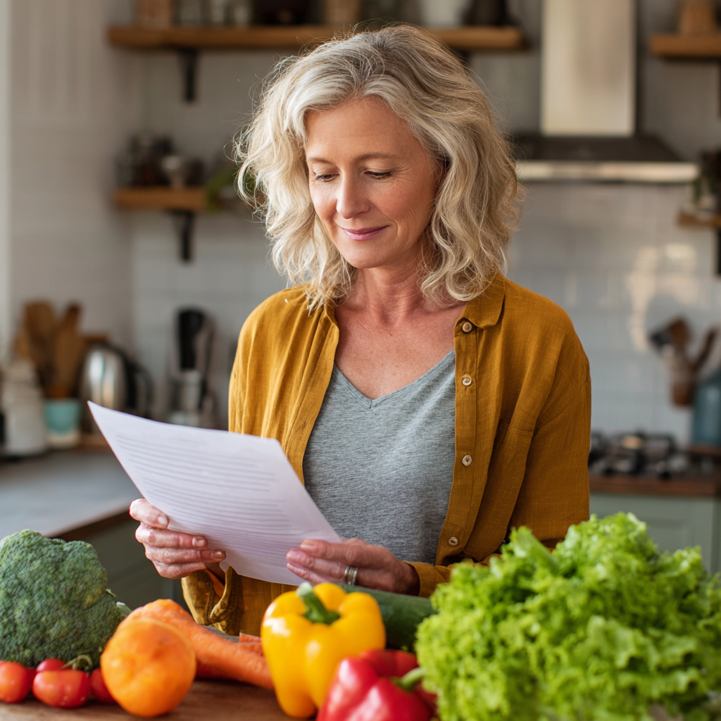 Middle-aged woman reviewing healthy meal plans with fresh vegetables on kitchen counter